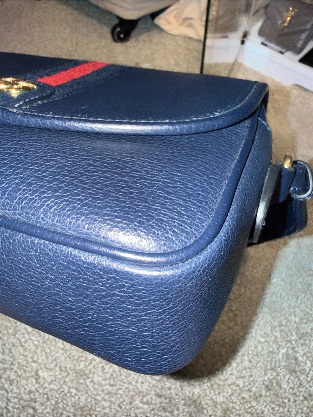 Gucci Navy Leather Crossbody with Red Stripe and Green Strap